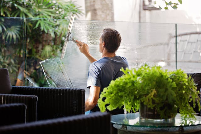 man-in-gray-shirt-cleaning-clear-glass-wall-near-sofa